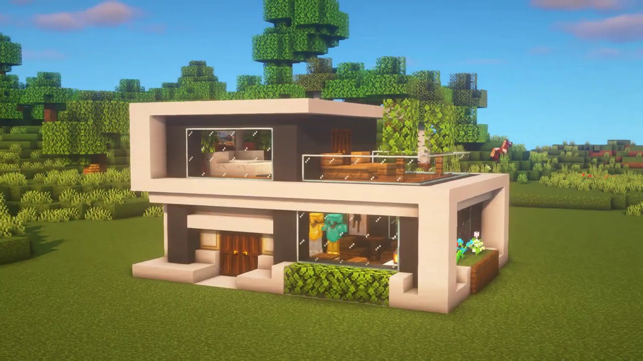 Minecraft : How to Build Starter Modern House Tutorial (#10)