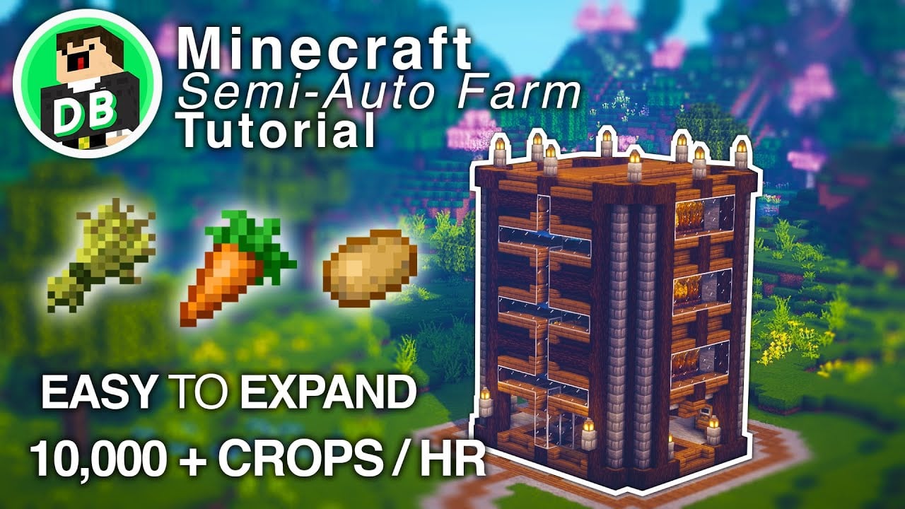 Minecraft Semi-Auto Crop Farm TUTORIAL - Auto Harvest, Storage & Sorting
