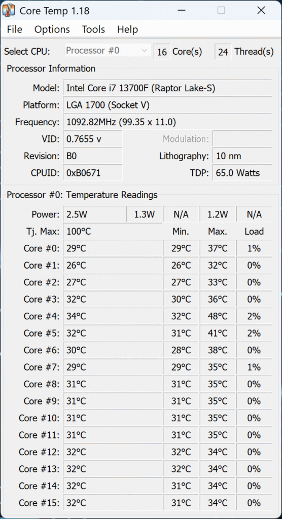 Intel Core i7-13700F Idle Temps