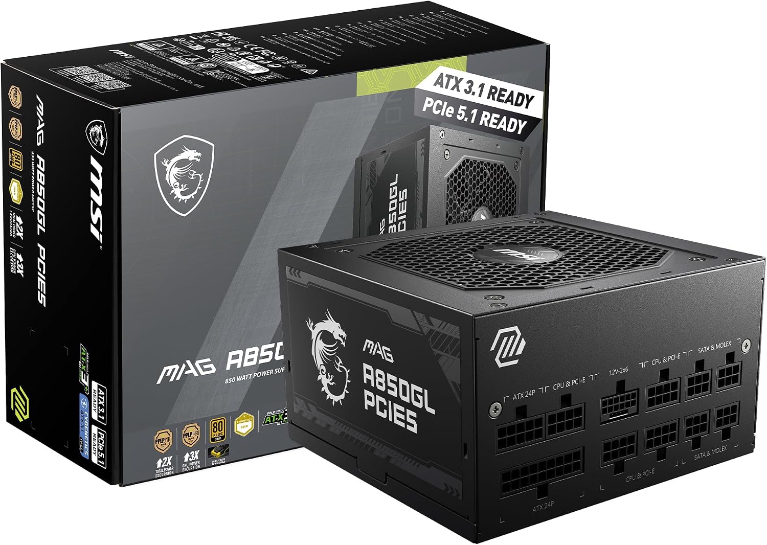 MSI MAG A850GL PCIE5, Fully Modular Compact Gaming 850W Power Supply
